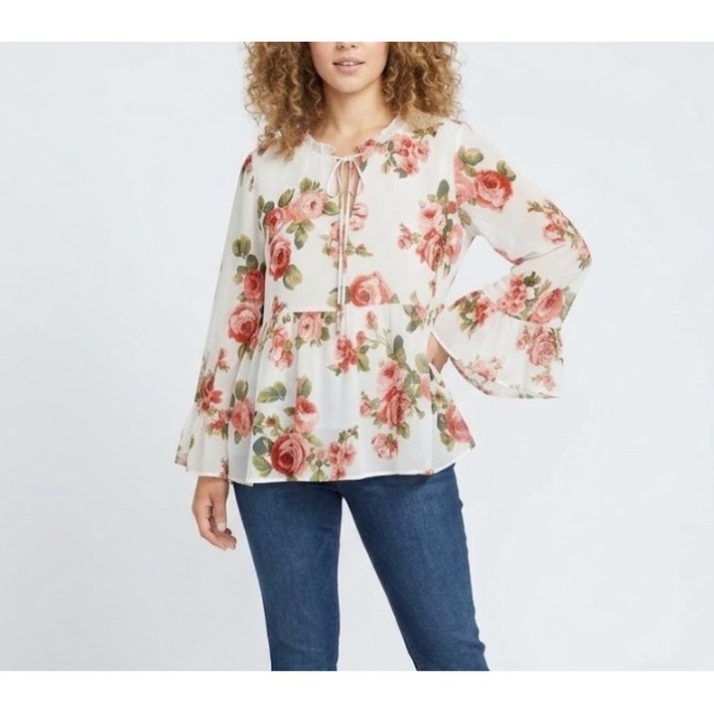Show Me Your MUMU Medium Semi Sheer Floral‎ Bell Sleeve Top Feminine Romantic